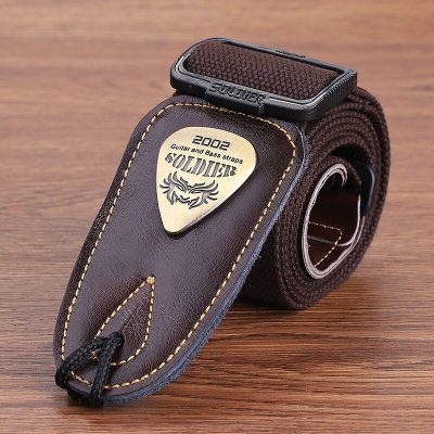 Classic brown electric guitar strap with leather head.