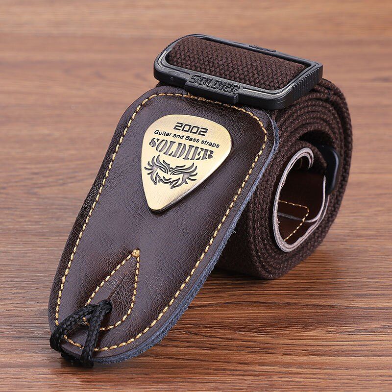 Classic brown electric guitar strap with leather head.