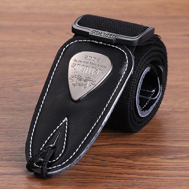 Black classic electric guitar strap with leather head.