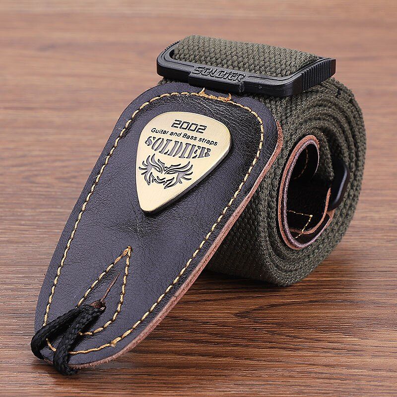 Classic electric guitar strap in khaki color with leather head.