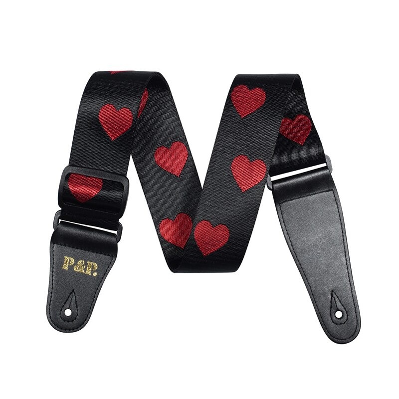 Embroidered cotton acoustic guitar strap with red hearts