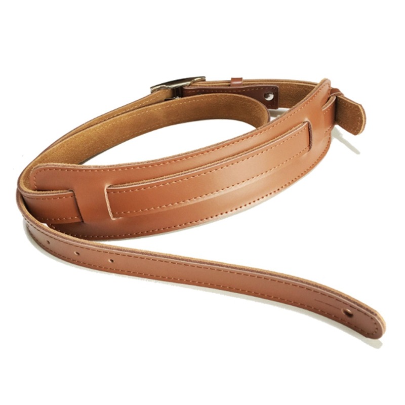 Adjustable brown leather and metal mandolin strap