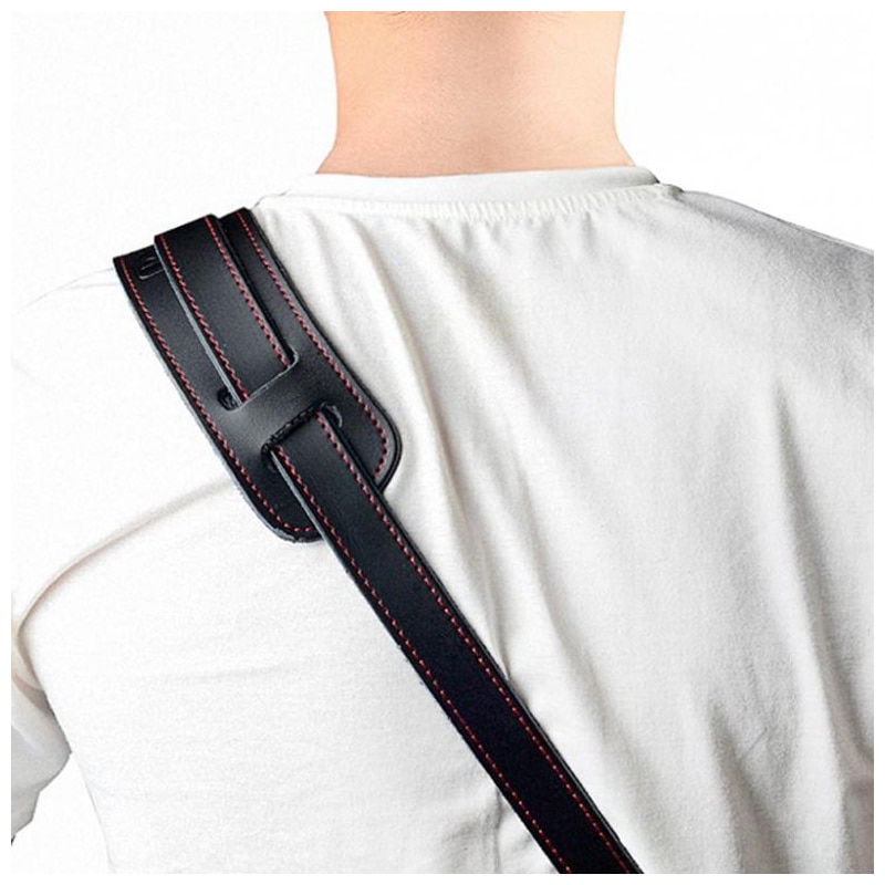 Adjustable genuine leather guitar strap 120-145cm, rear view when worn.