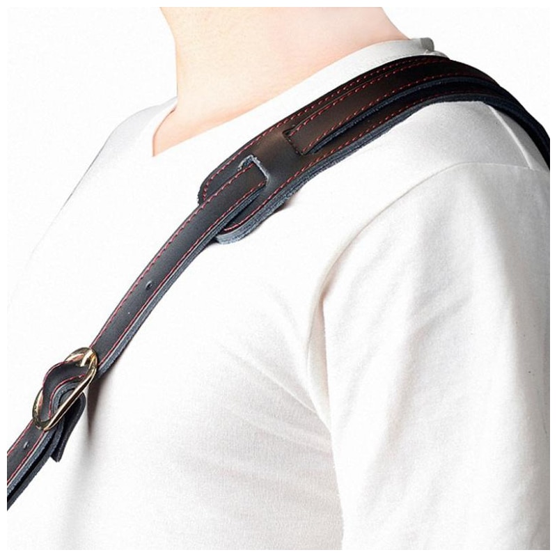 Adjustable genuine leather guitar strap 120-145cm front view worn