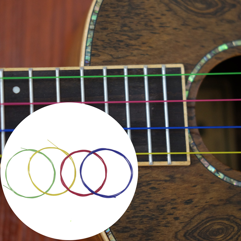 Details of a set of colorful nylon strings for ukulele