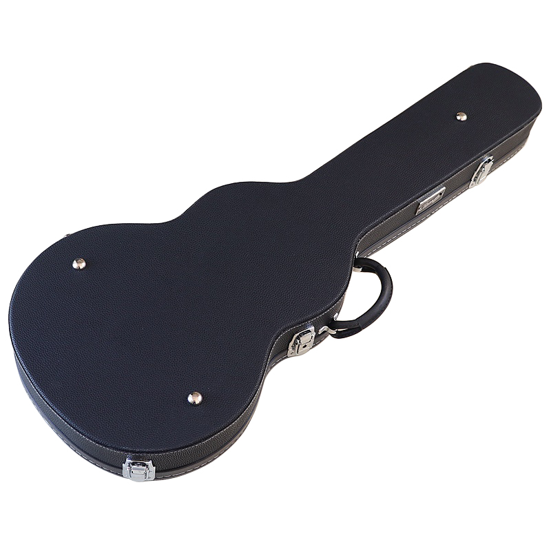 A hard case for an electric guitar made of genuine cowhide leather with a foam lining.
