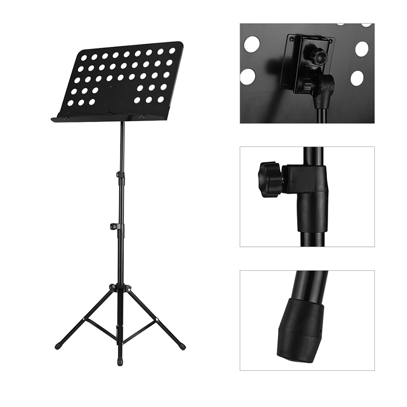 Details of a foldable and adjustable guitar stand tripod - black