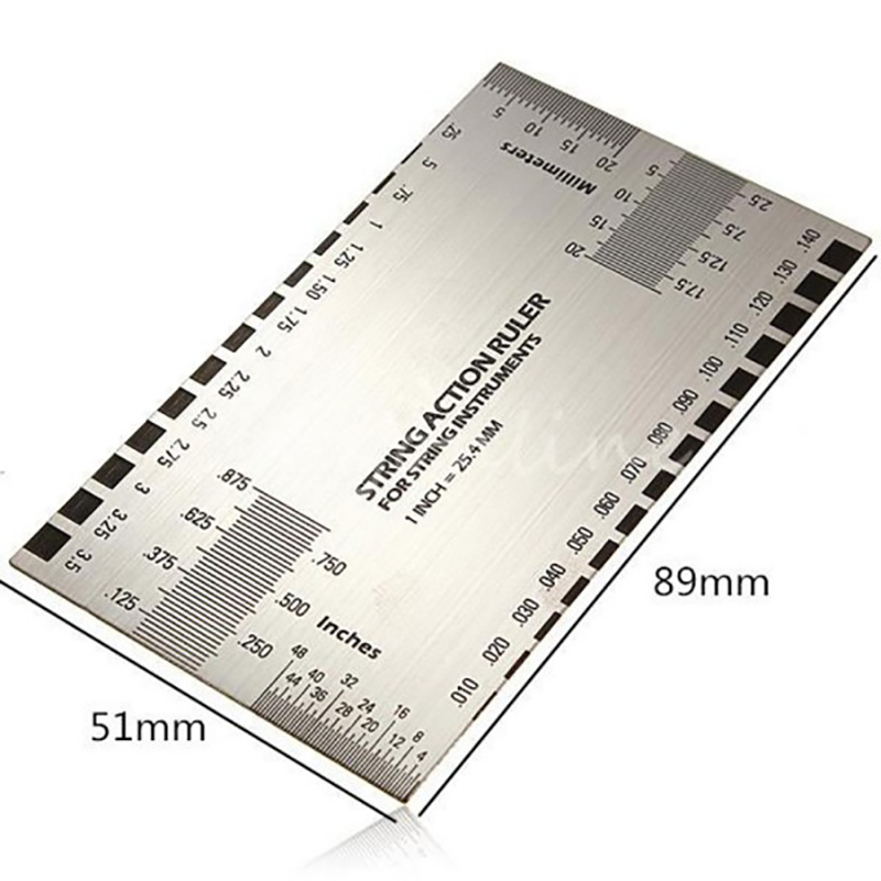 Dimensions of the stainless steel measuring rule for electric guitar strings.
