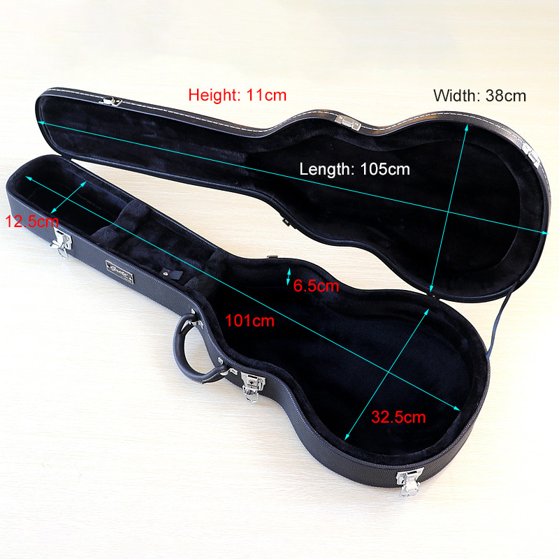 Dimensions of the hard case for electric guitar made from genuine cowhide leather with foam lining.