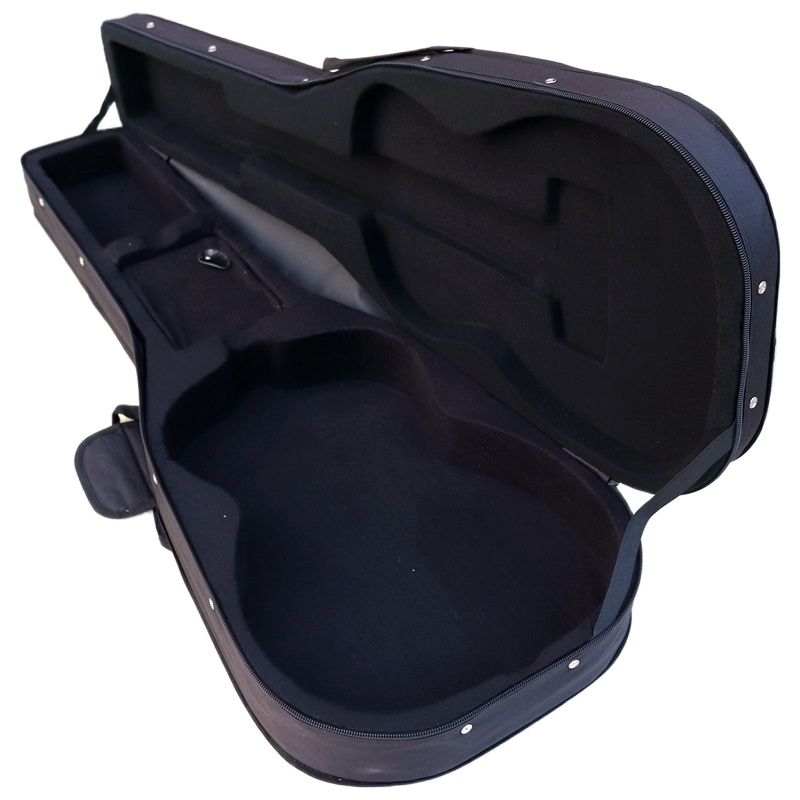 Interior view of the hard case for acoustic guitar