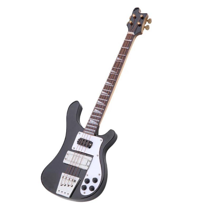 Details of the handmade miniature electric bass guitar with guitar stand