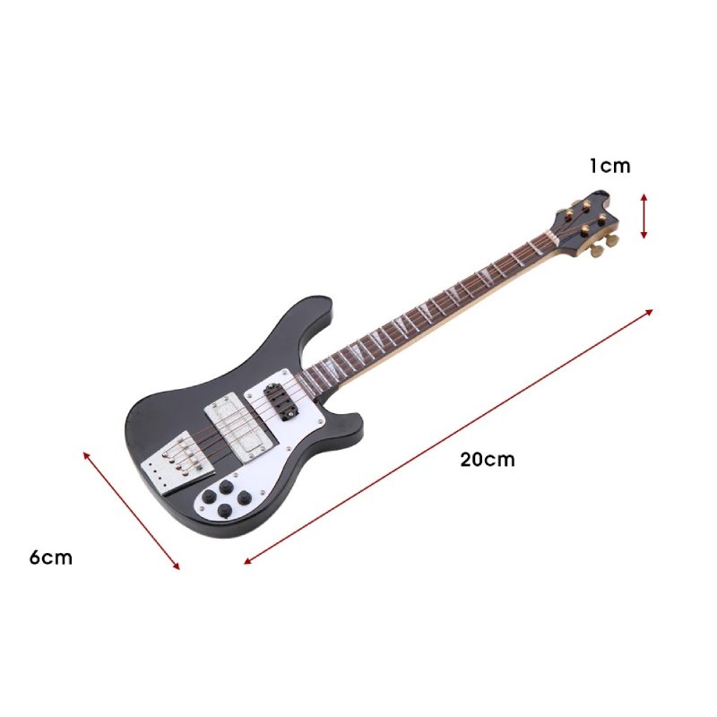 Dimensions of miniature electric bass guitar, handmade with guitar stand