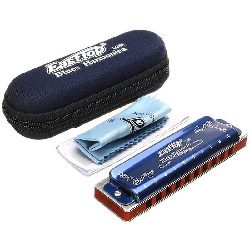 Metallic blue diatonic harmonica with 7 tunings - C