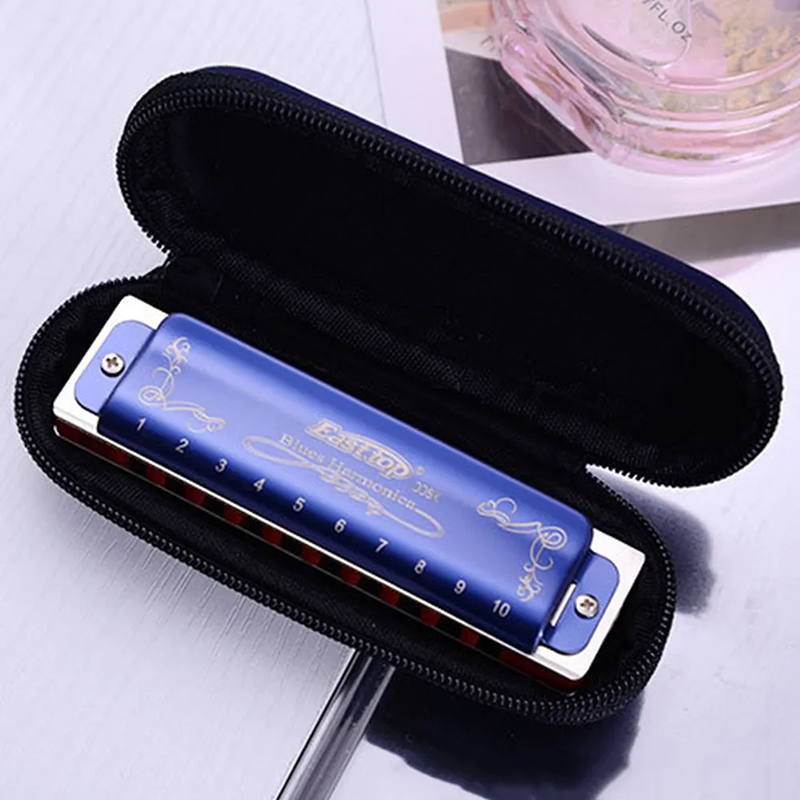 Metallic blue diatonic harmonica with 7 tunings