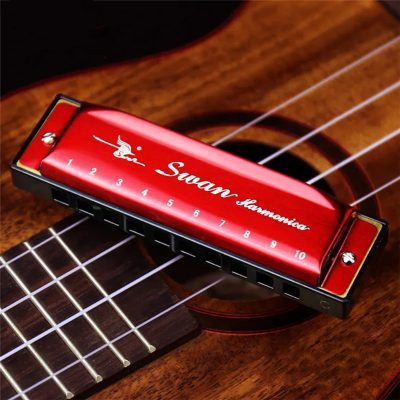 Diatonic blues harmonica in 5 pop colors - red color