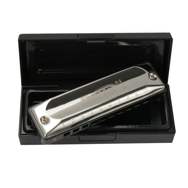 Diatonic harmonica with a metallic blues design and 13 tunings