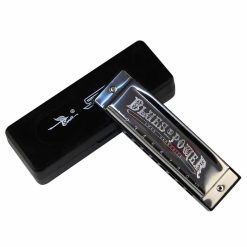 Diatonic harmonica with a blues design in metal, accompanied by a brass case.