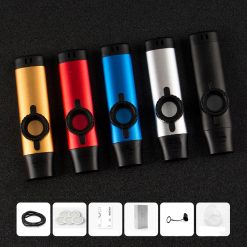 A metal kazoo in 5 colors, viewed from the front