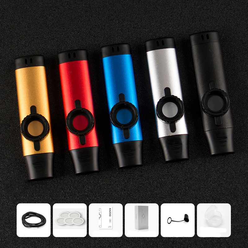 A metal kazoo in 5 colors, viewed from the front