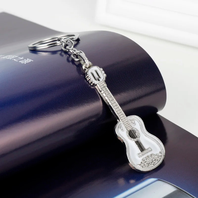 Golden or silver acoustic guitar keychain - silver color