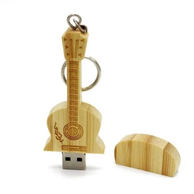Wooden guitar keychain with USB - bamboo model