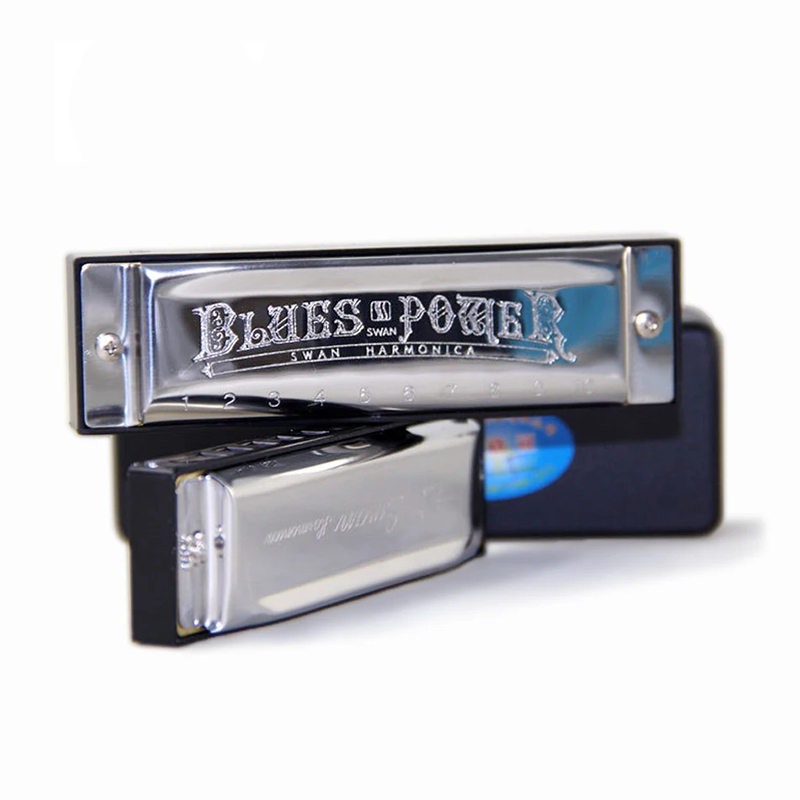 Metal diatonic harmonica box with blues design and brass case