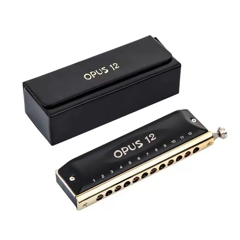 Box and details of a 12-hole chromatic steel harmonica