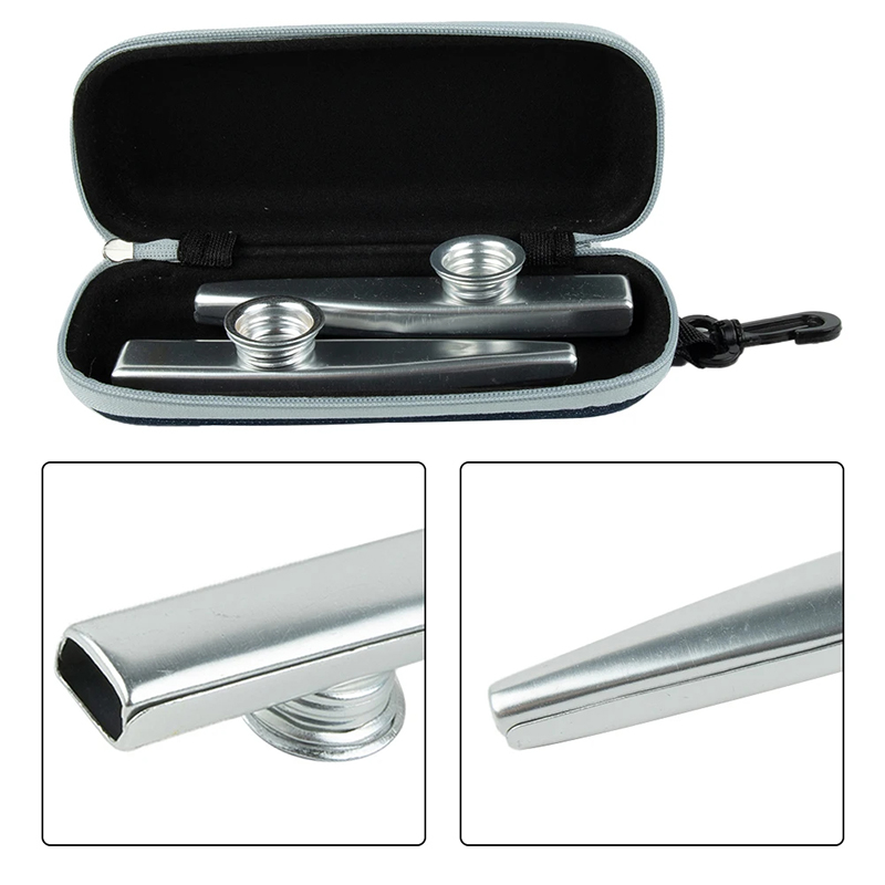 Details of a case with two randomly colored metal kazoos.