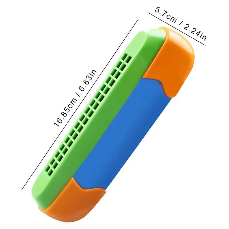 Details of a 16-hole harmonica in orange and blue for children