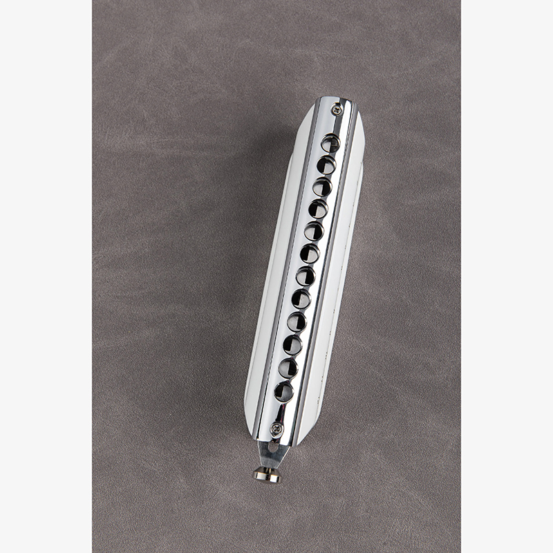 Details of a 12-hole chromatic harmonica in two colors - white color