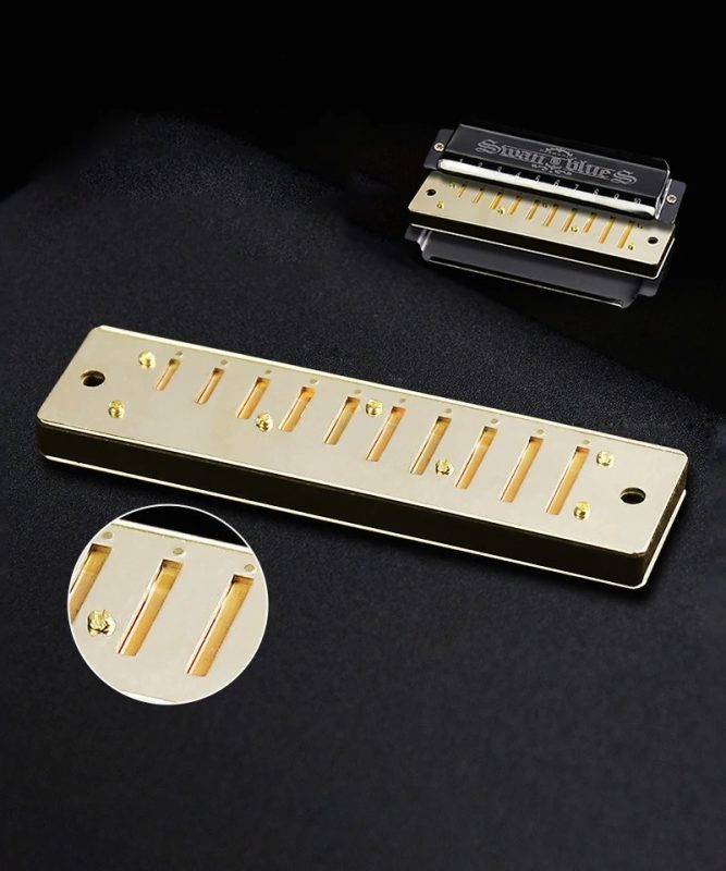 Details of a diatonic blues harmonica in 5 pop colors - silver color