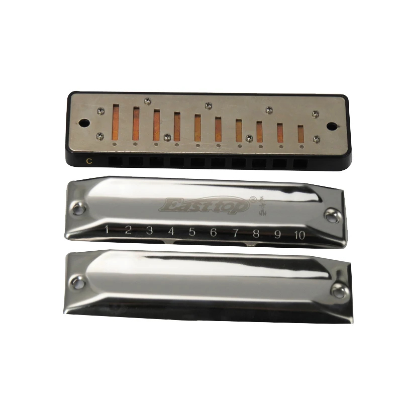 Details of a metal diatonic harmonica with a blues design and 13 tunings