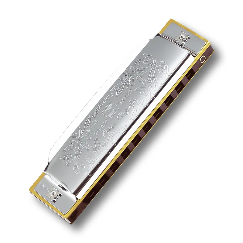 Details of a metal diatonic harmonica with a blues design