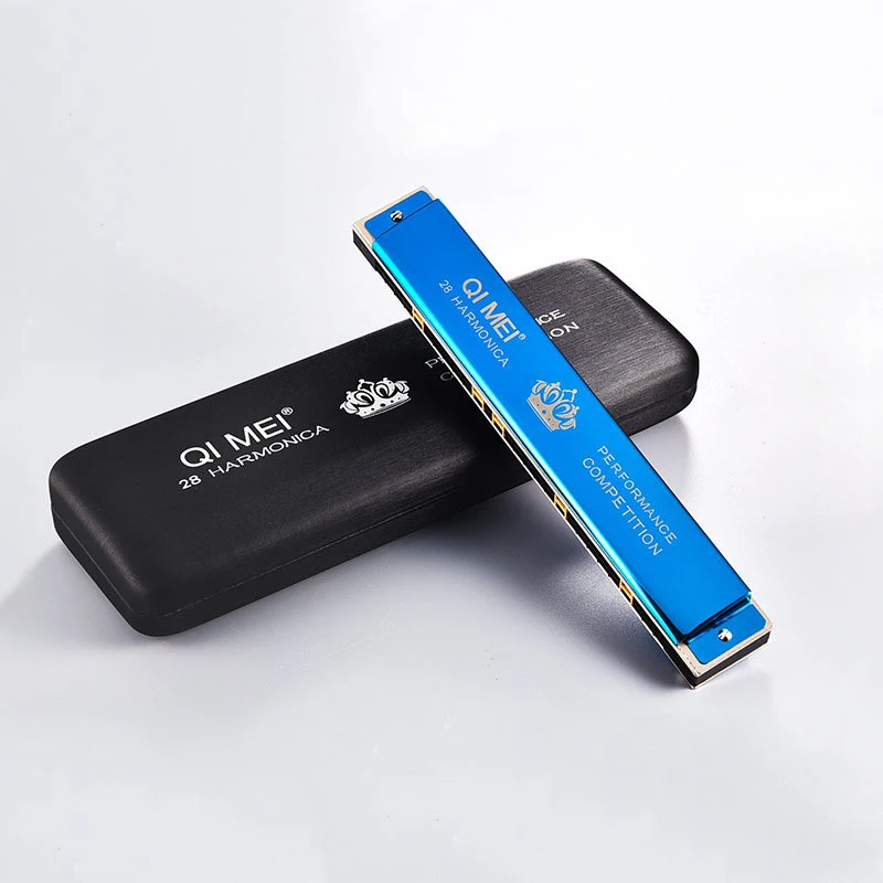 Details of a professional 28-hole harmonica in 3 colors