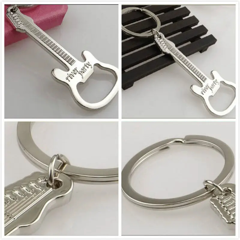 Details of a keychain in the shape of a guitar with a bottle opener