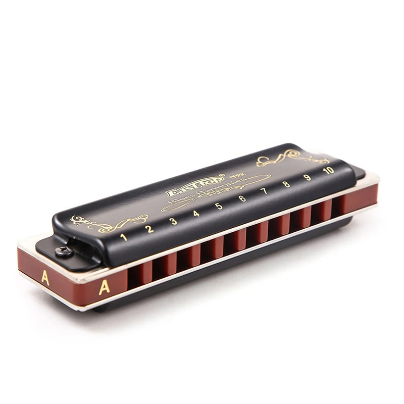 Complete details of the shiny black diatonic harmonica with 7 tunings