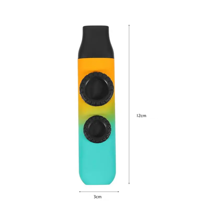 Dimensions of a rainbow-colored Kazoo with two openings for children