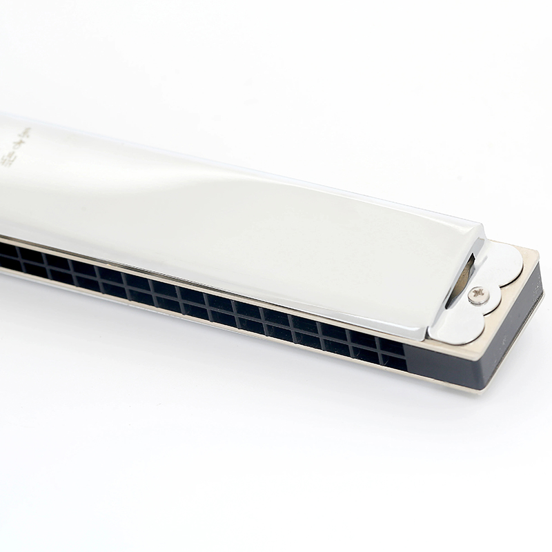 Rear view of a 24-hole chromed harmonica