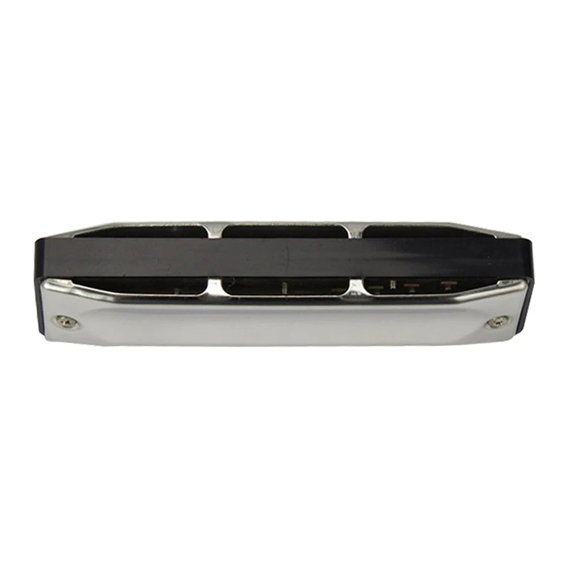 Rear view of a metal diatonic harmonica with a blues design and 13 tunings