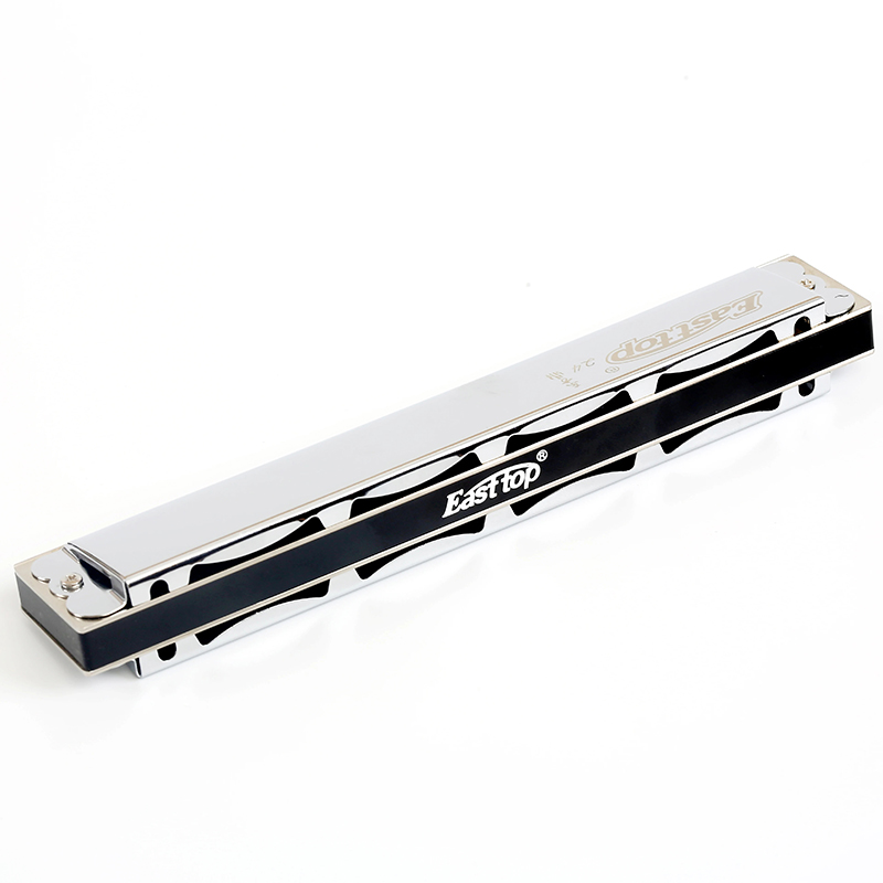 Complete rear view of a 24-hole chromed harmonica