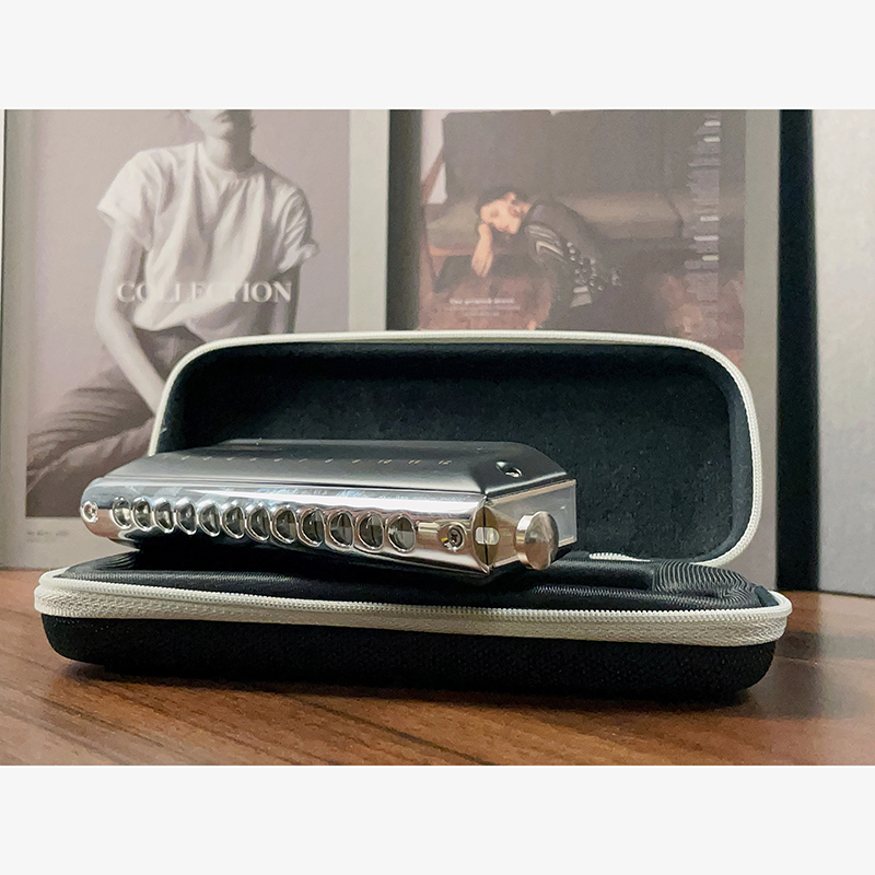Full view of a 12-hole chromatic harmonica with 12 tunings