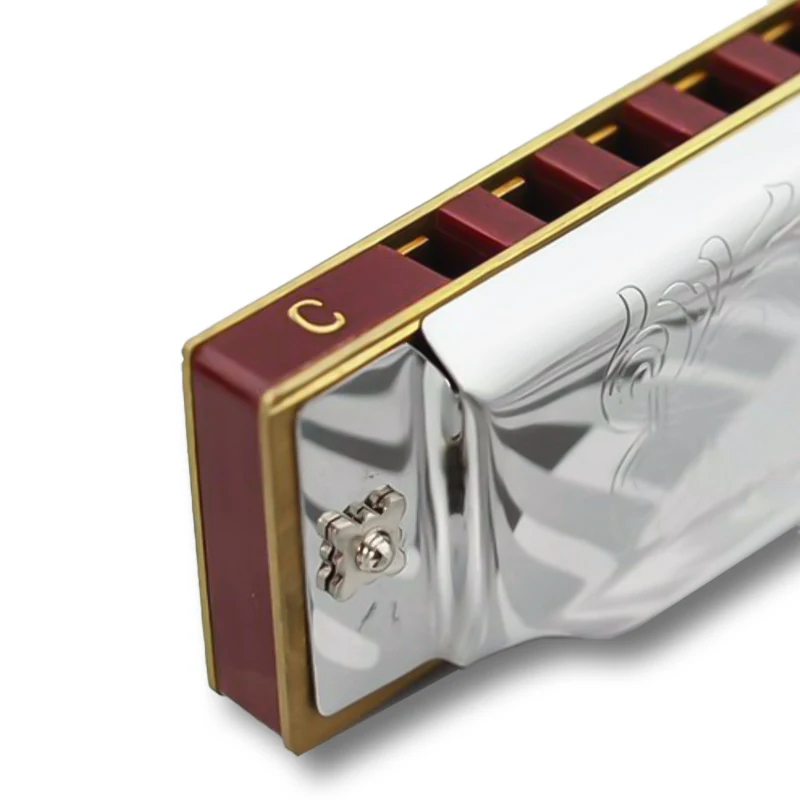 Full view of a metal diatonic harmonica with a blues design