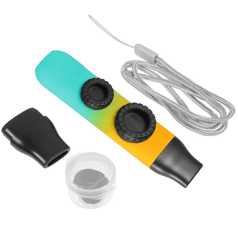 Full view of a rainbow Kazoo with two openings for children