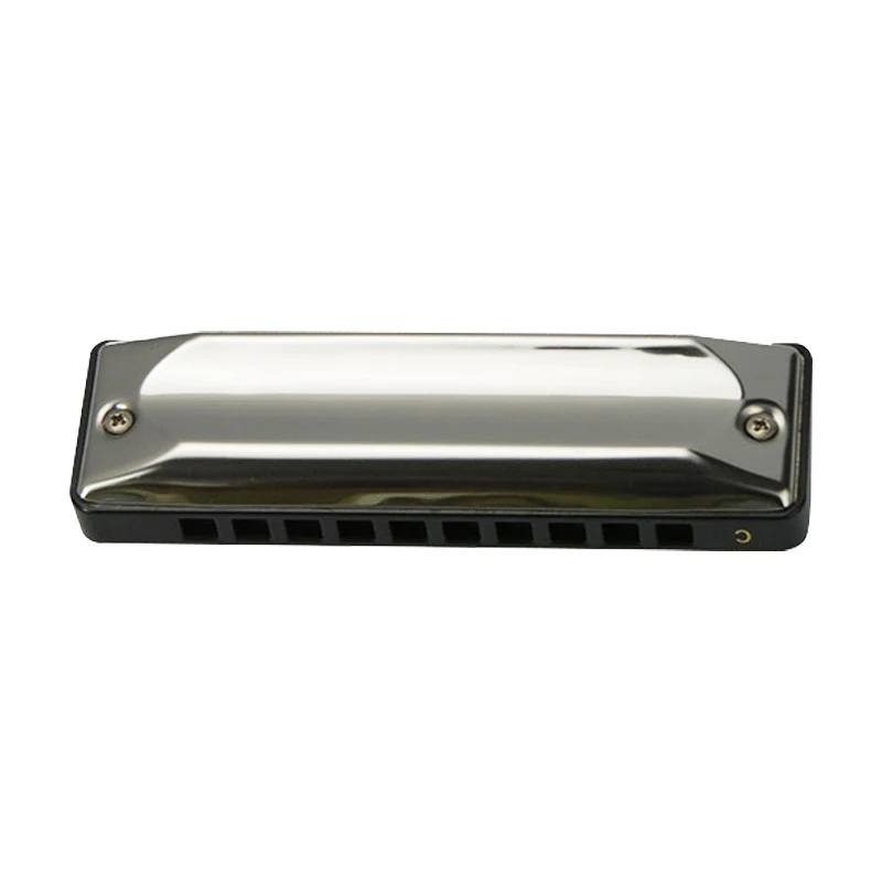 Front view of a metal diatonic harmonica with a blues design and 13 tunings.