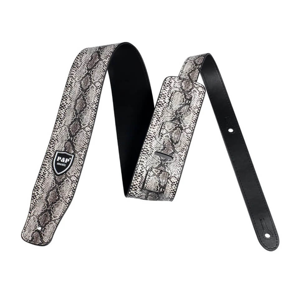 Full view of a guitar strap with a gray snake skin pattern