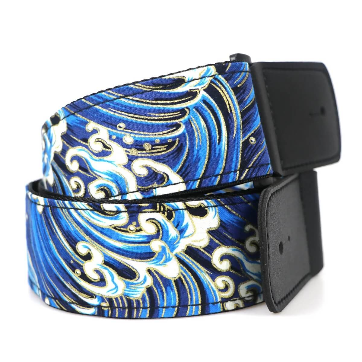 Details of a guitar strap inspired by the Japanese Great Wave off Kanagawa