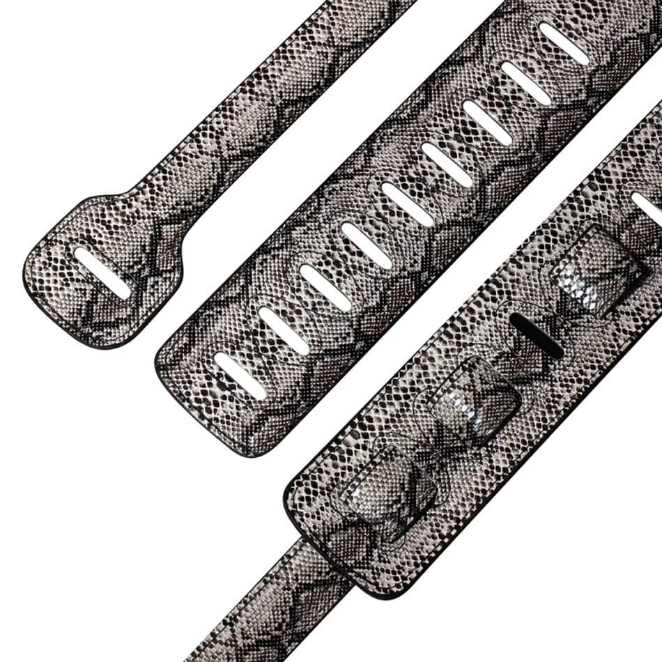 Details of a Grey Snake Skin Patterned Guitar Strap