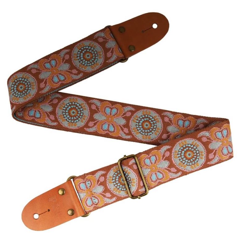 Details Adjustable classical guitar strap in embroidered cotton with Butterfly pattern - orange color
