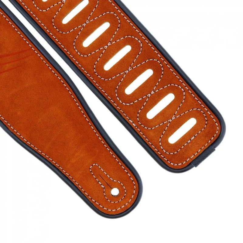 Detailed close-up of a Beige Suede Guitar Strap with Music Notes Pattern