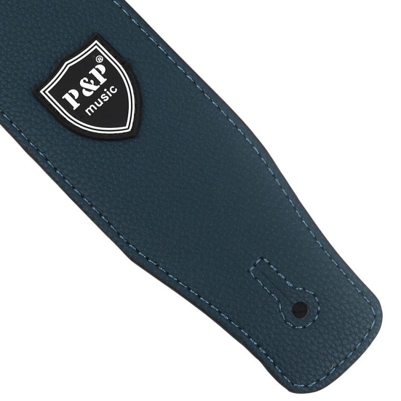 Details of a soft, adjustable leather bass guitar strap